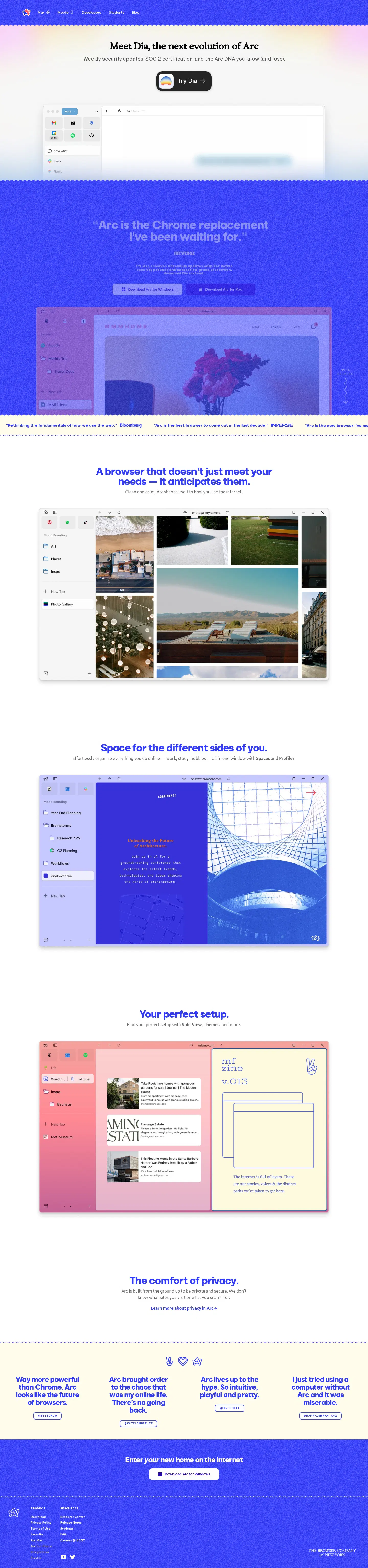 Full-page capture of the Arc website (arc.net)