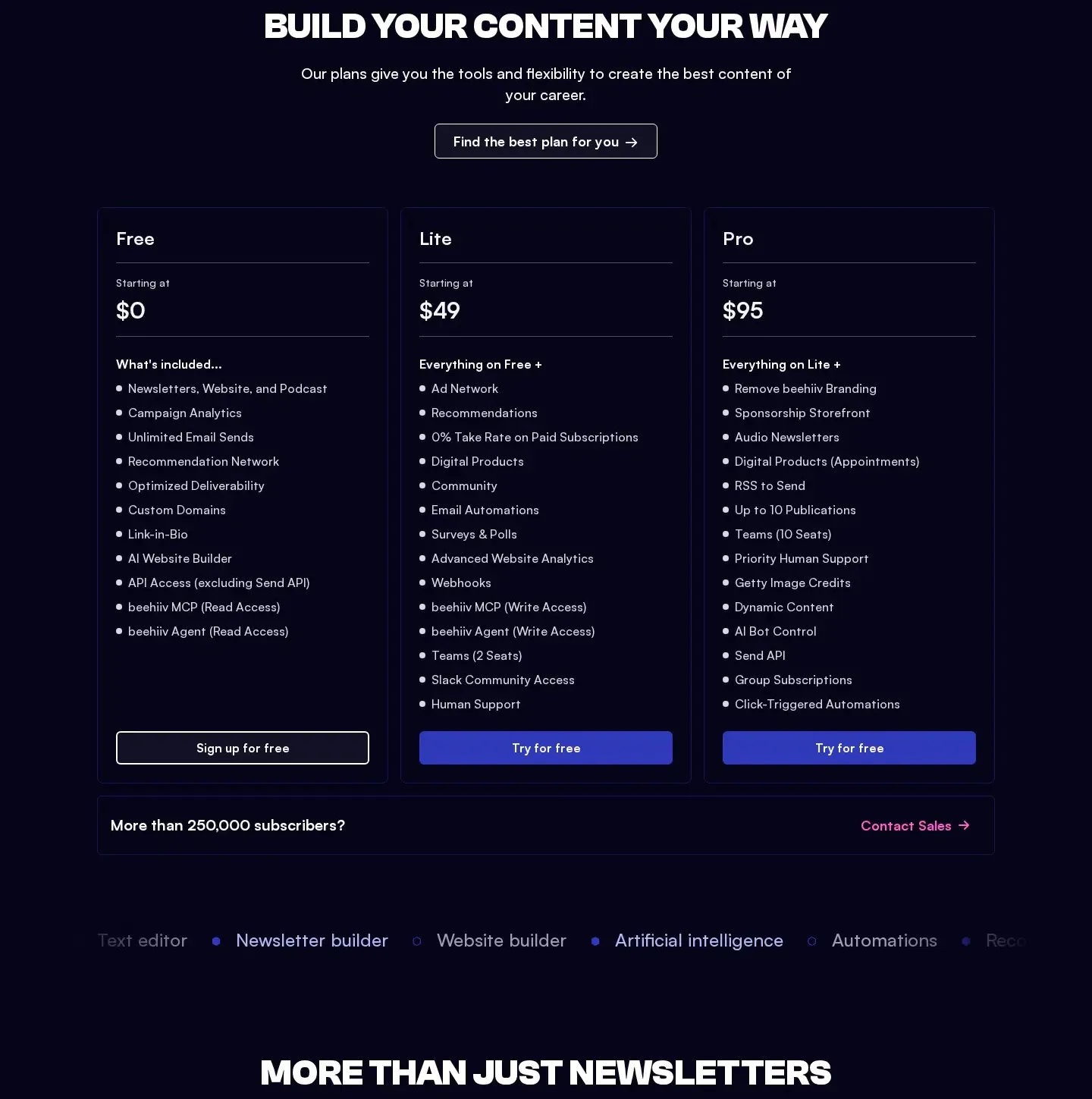 beehiiv pricing section