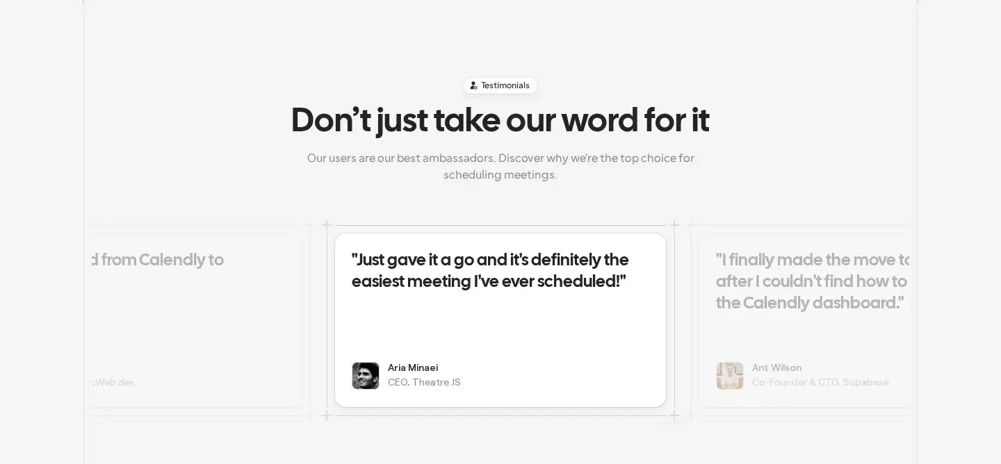 Cal.com testimonials section