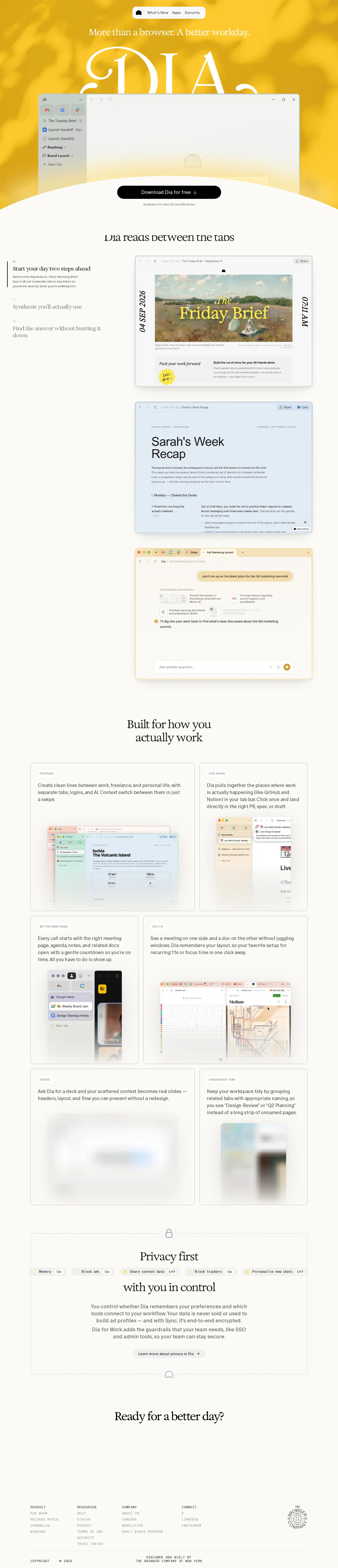 Full-page capture of the Dia website (diabrowser.com)