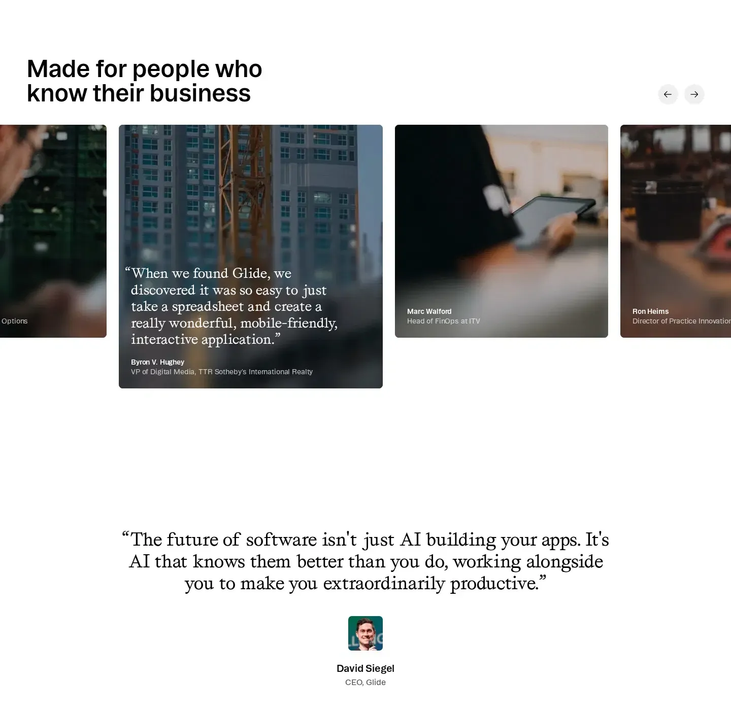 Glide testimonials section