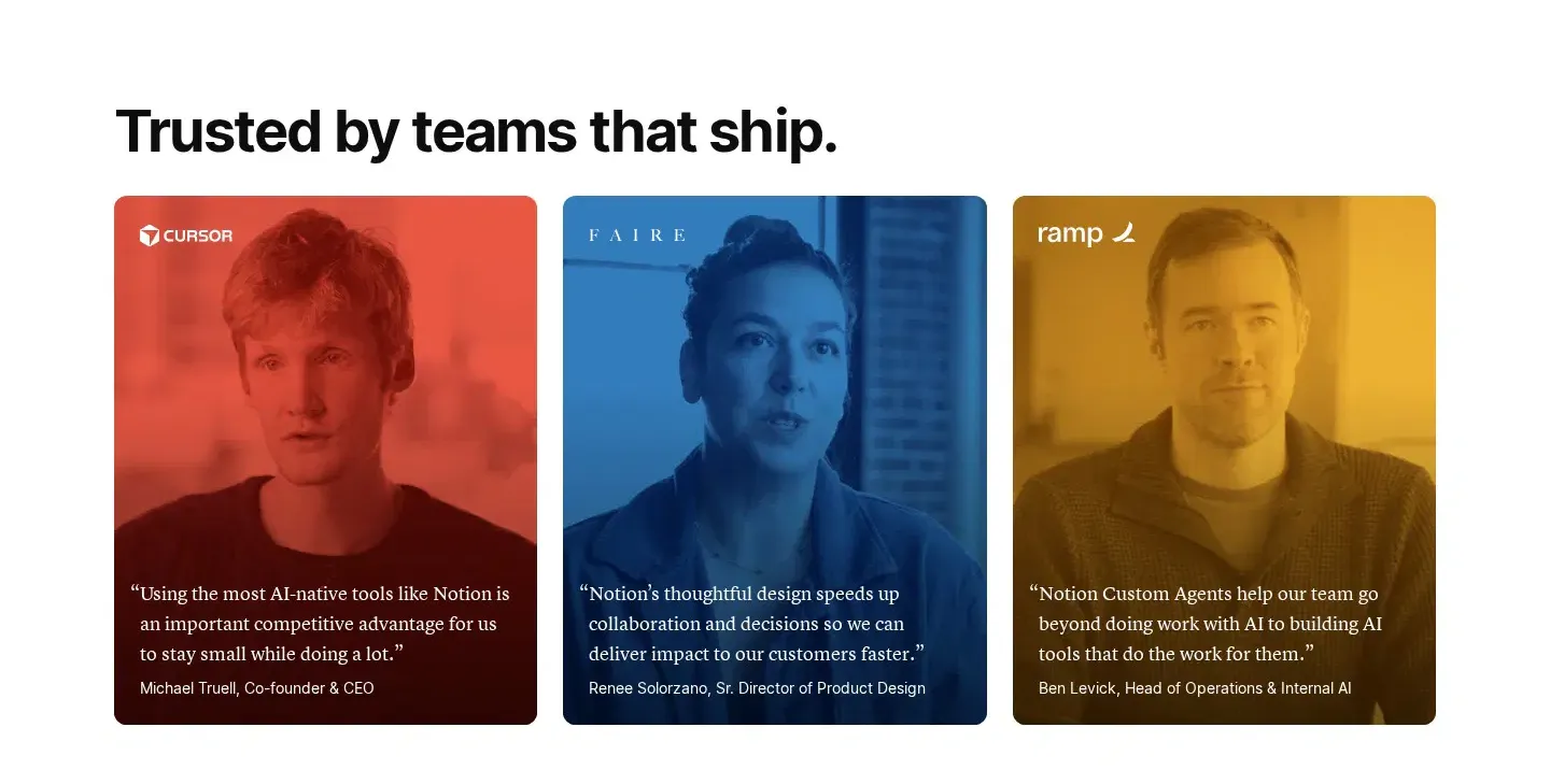 Notion testimonials section