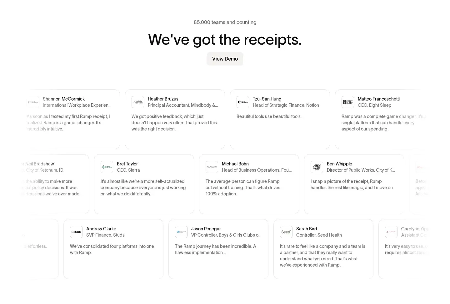 Ramp testimonials section