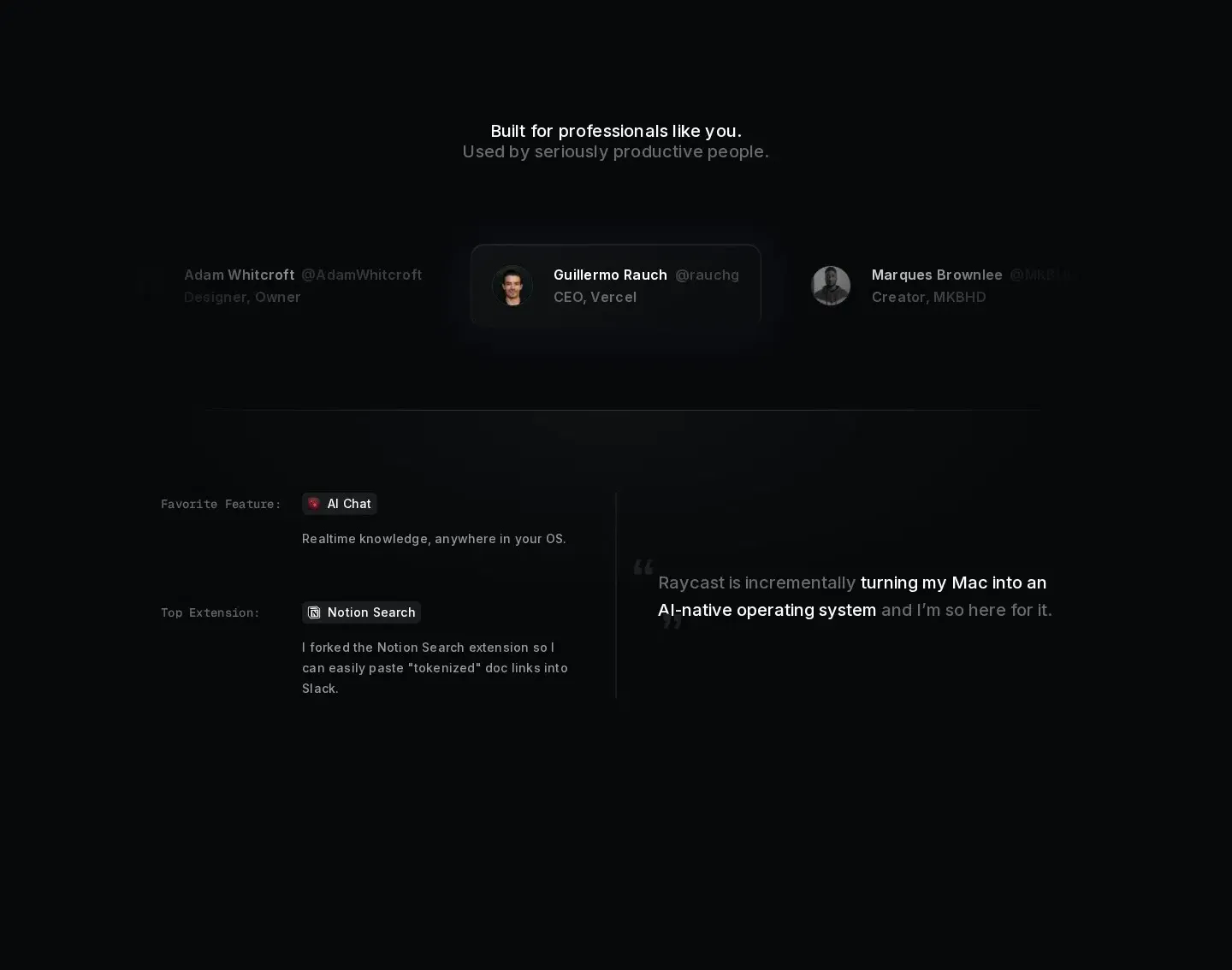 Raycast testimonials section
