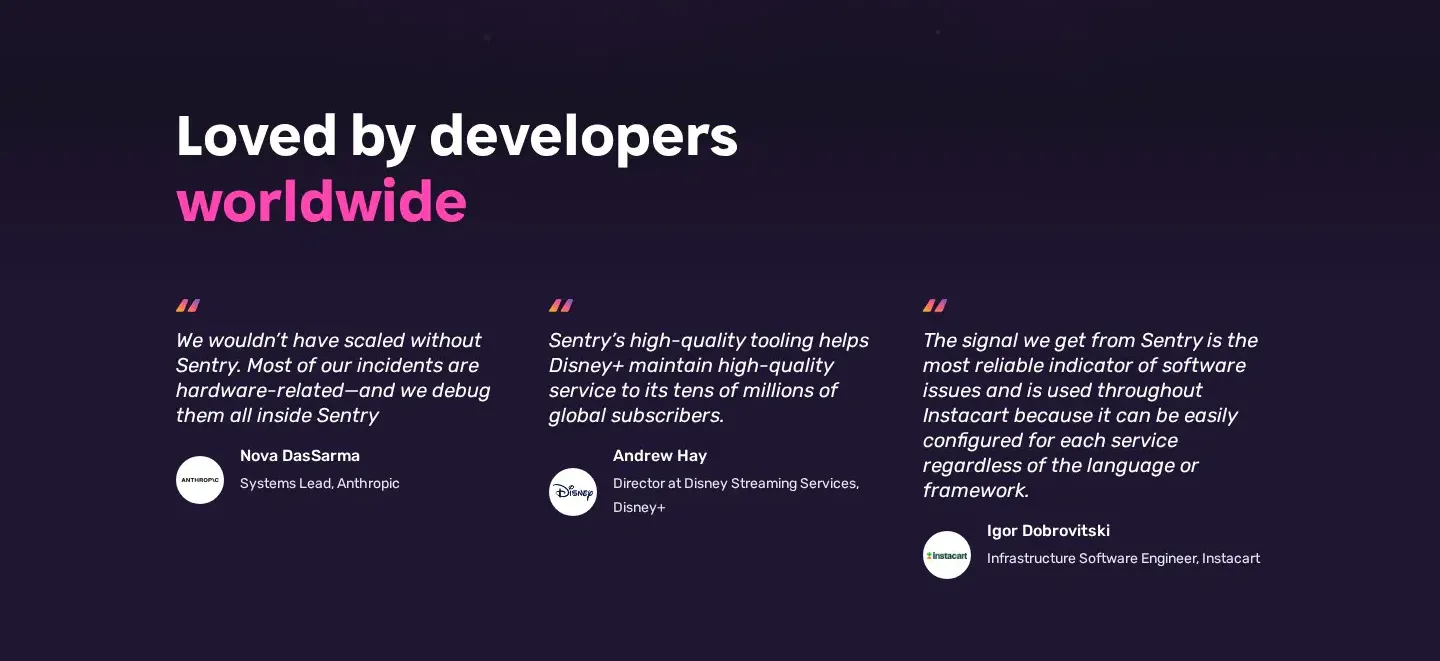 Sentry testimonials section