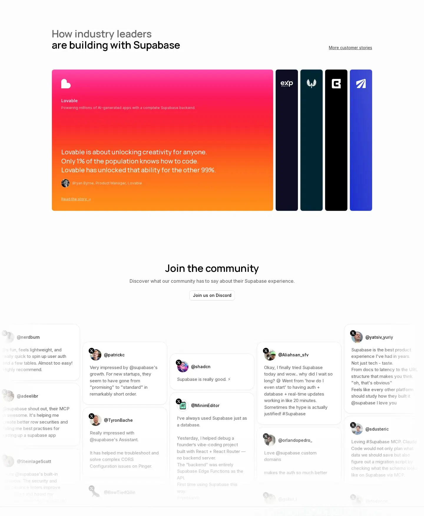 Supabase testimonials section