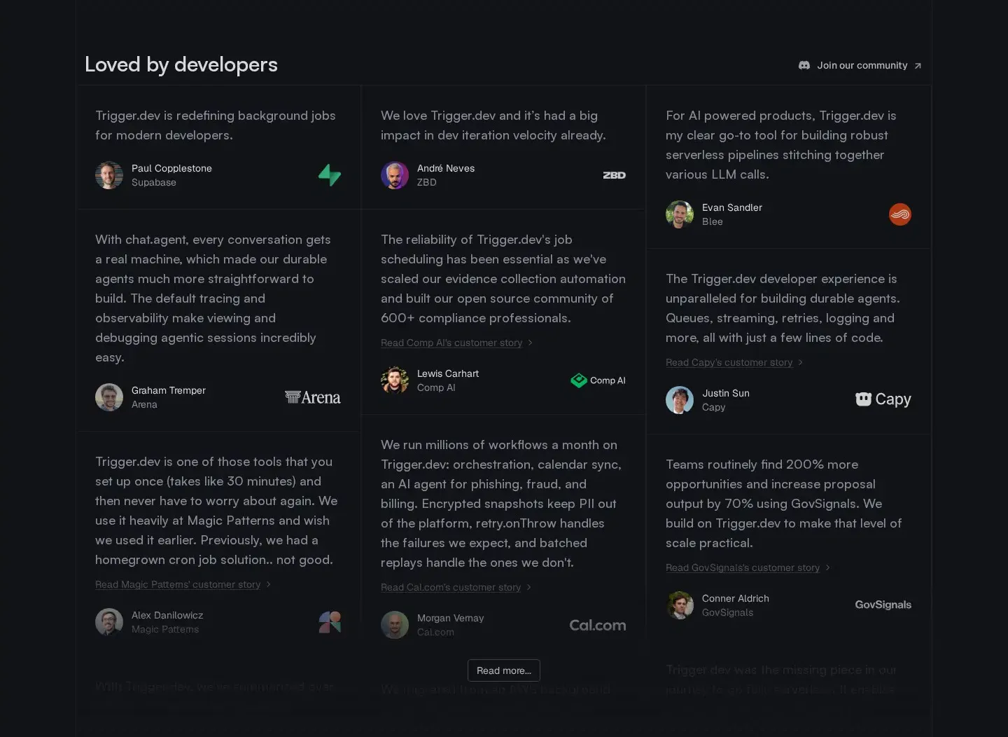 Trigger.dev testimonials section